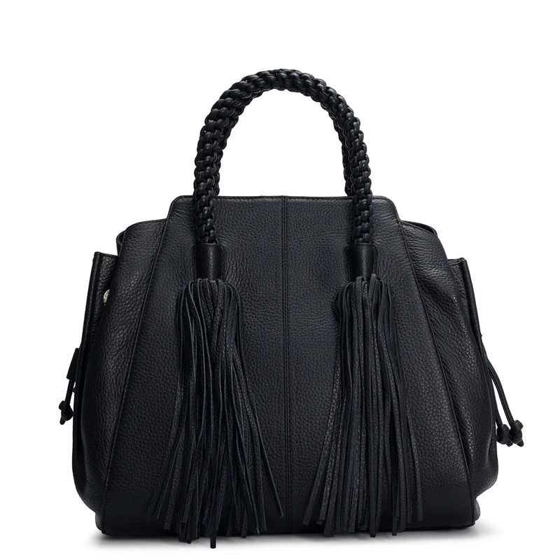Da Milano Black Medium Wax Leather Satchel - Black for Women | Best Price UAE